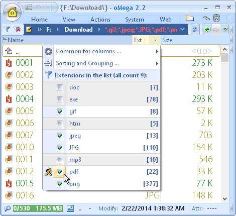 oMega Commander Features. Filtration with list of extensions, navigation to the required extension and extensions statistics